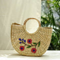 Beige Handcrafted Natural Water Reed Embroidered Hand Bag 