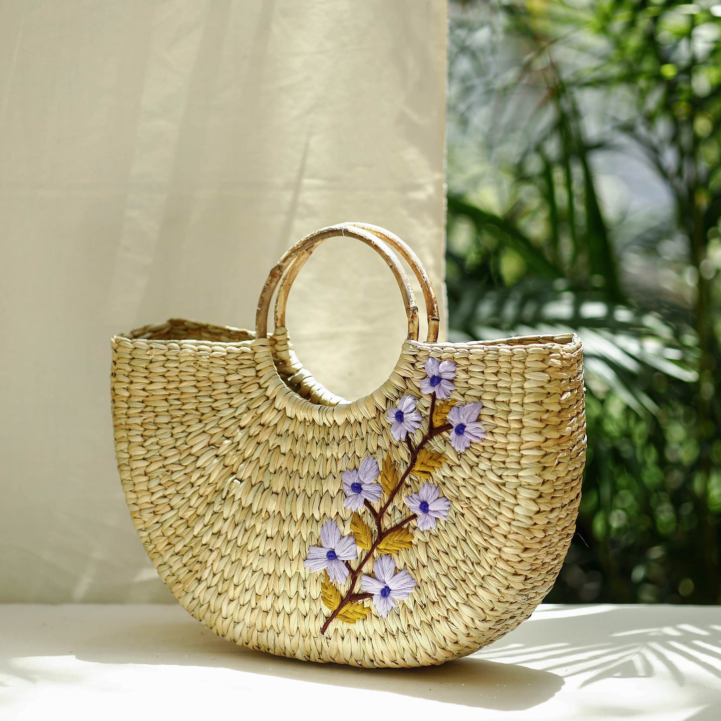 Beige Handcrafted Natural Water Reed Embroidered Hand Bag