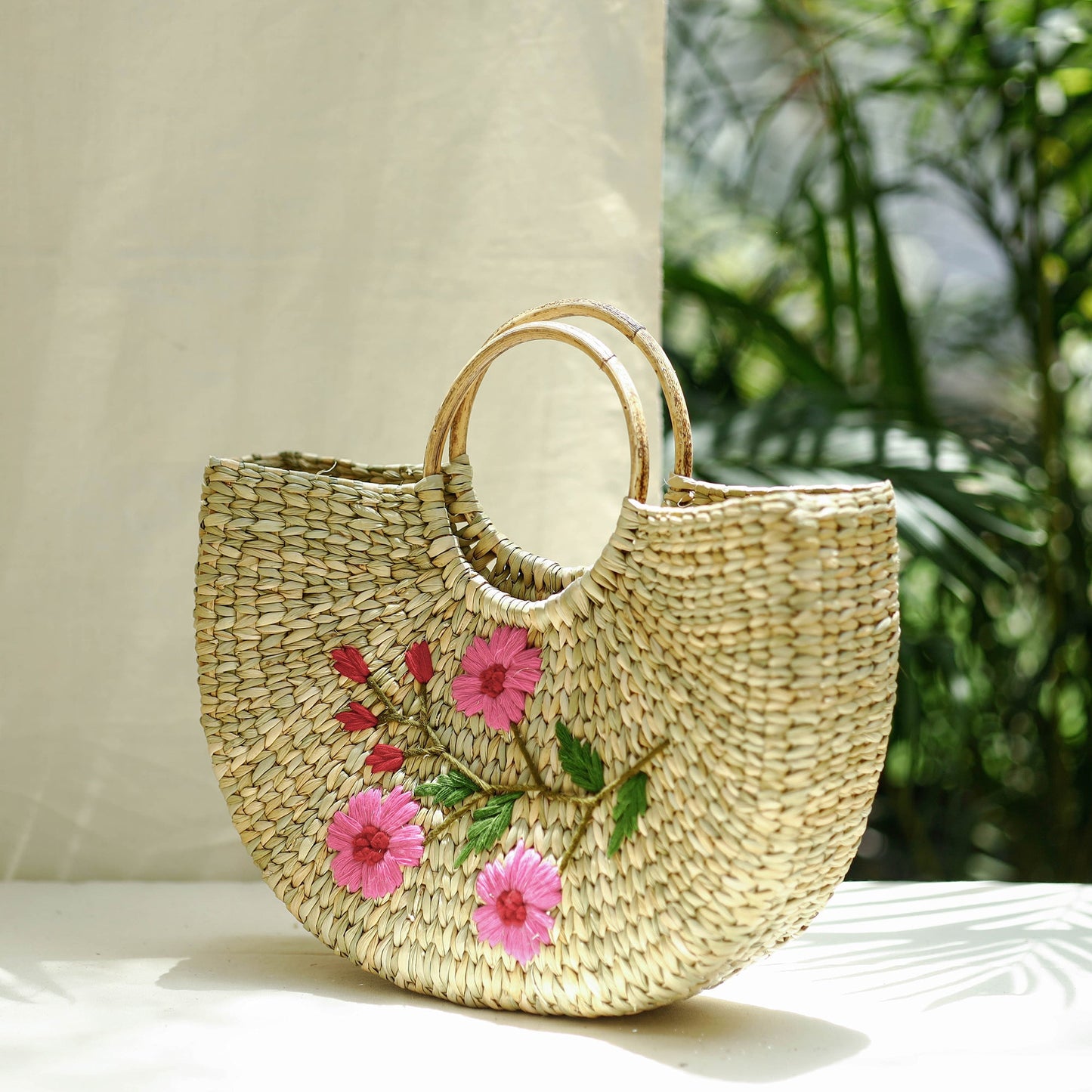 Beige Handcrafted Natural Water Reed Embroidered Hand Bag