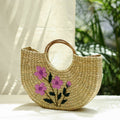 Beige Handcrafted Natural Water Reed Embroidered Hand Bag