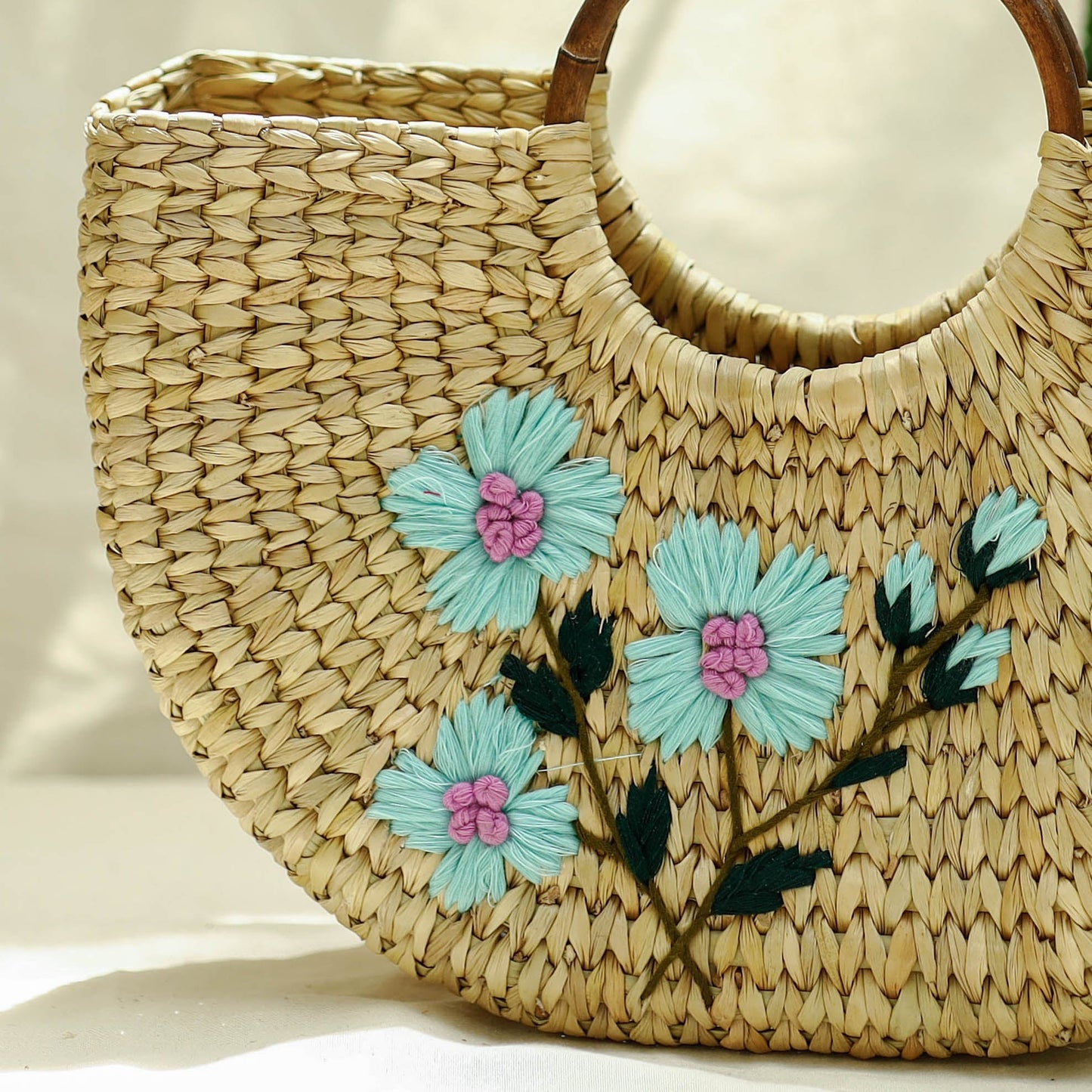 Beige Handcrafted Natural Water Reed Embroidered Hand Bag