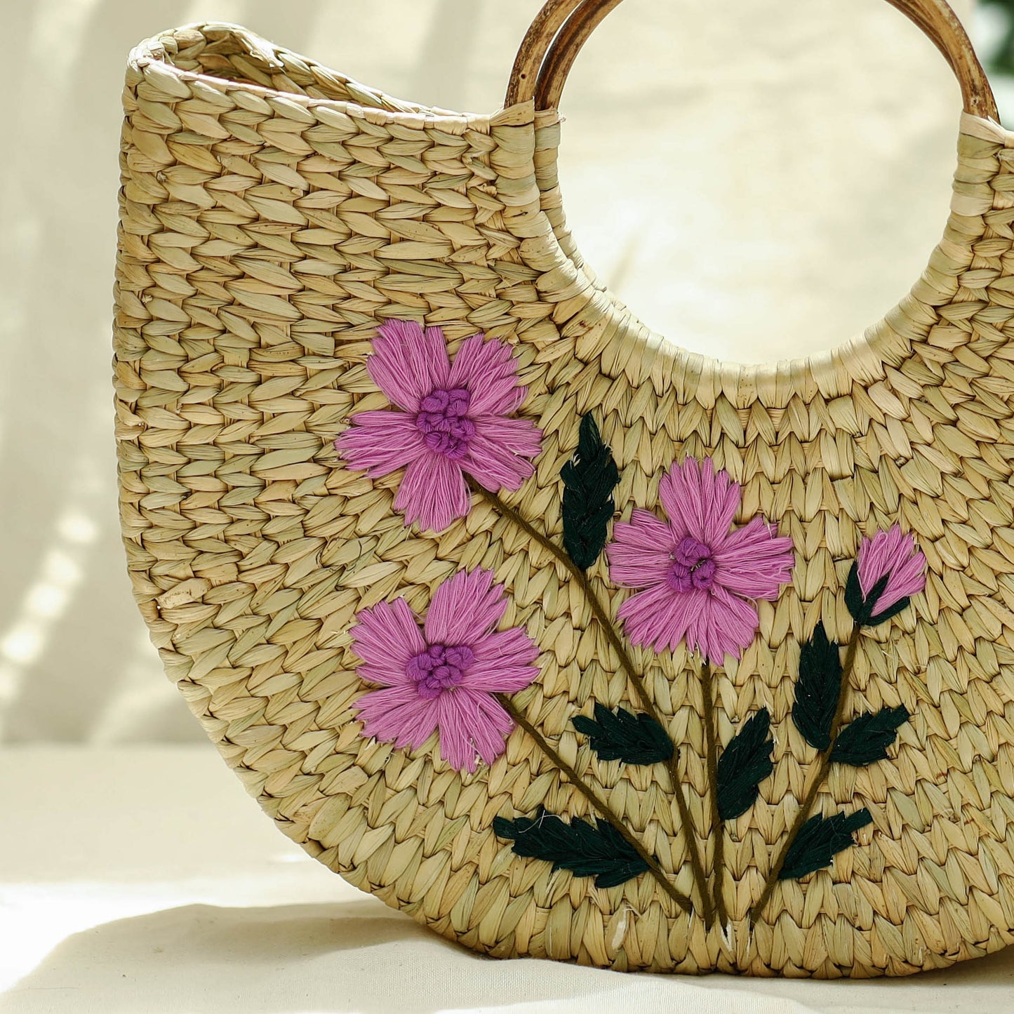 Beige Handcrafted Natural Water Reed Embroidered Hand Bag