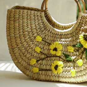 Beige Handcrafted Natural Water Reed Embroidered Hand Bag