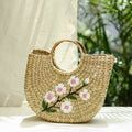 Beige Handcrafted Natural Water Reed Embroidered Hand Bag