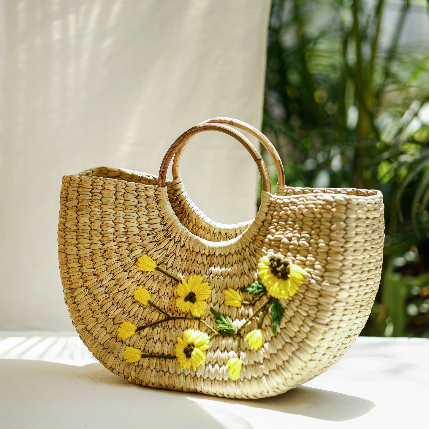 Beige Handcrafted Natural Water Reed Embroidered Hand Bag