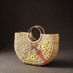 Beige Handcrafted Natural Water Reed Embroidered Hand Bag