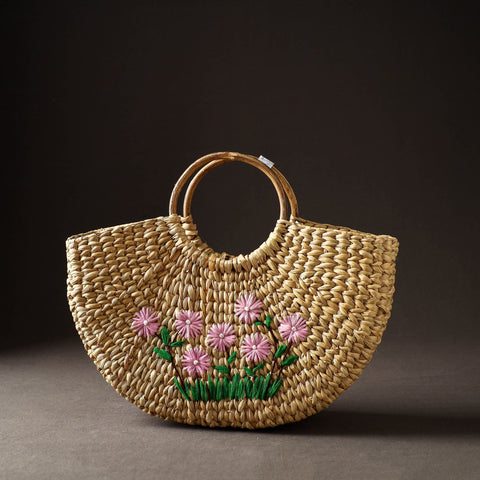 Beige Handcrafted Natural Water Reed Embroidered Hand Bag