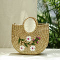 Beige Handcrafted Natural Water Reed Embroidered Hand Bag