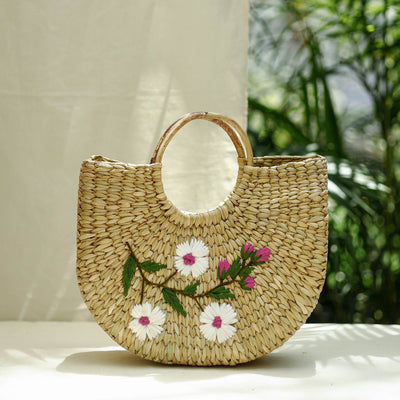 Beige Handcrafted Natural Water Reed Embroidered Hand Bag