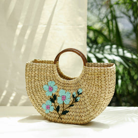 Beige Handcrafted Natural Water Reed Embroidered Hand Bag