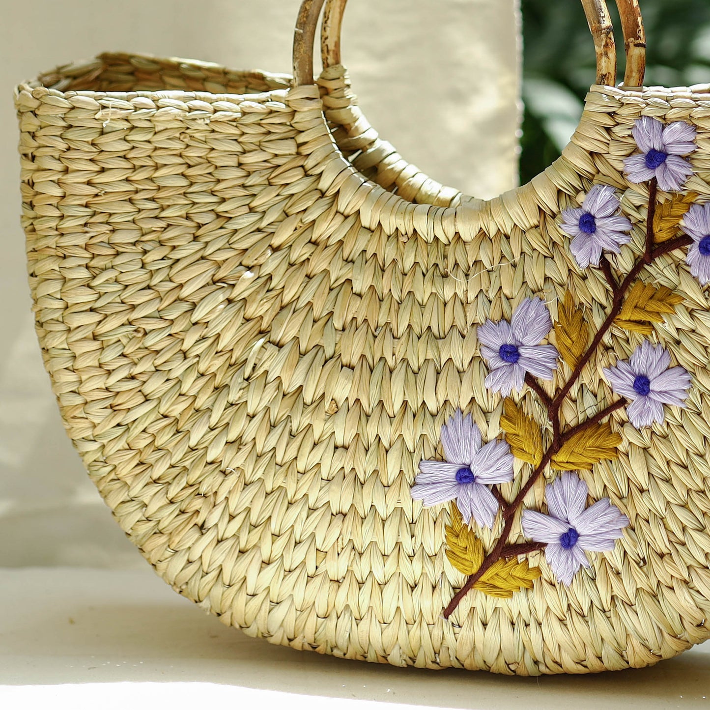 Beige Handcrafted Natural Water Reed Embroidered Hand Bag
