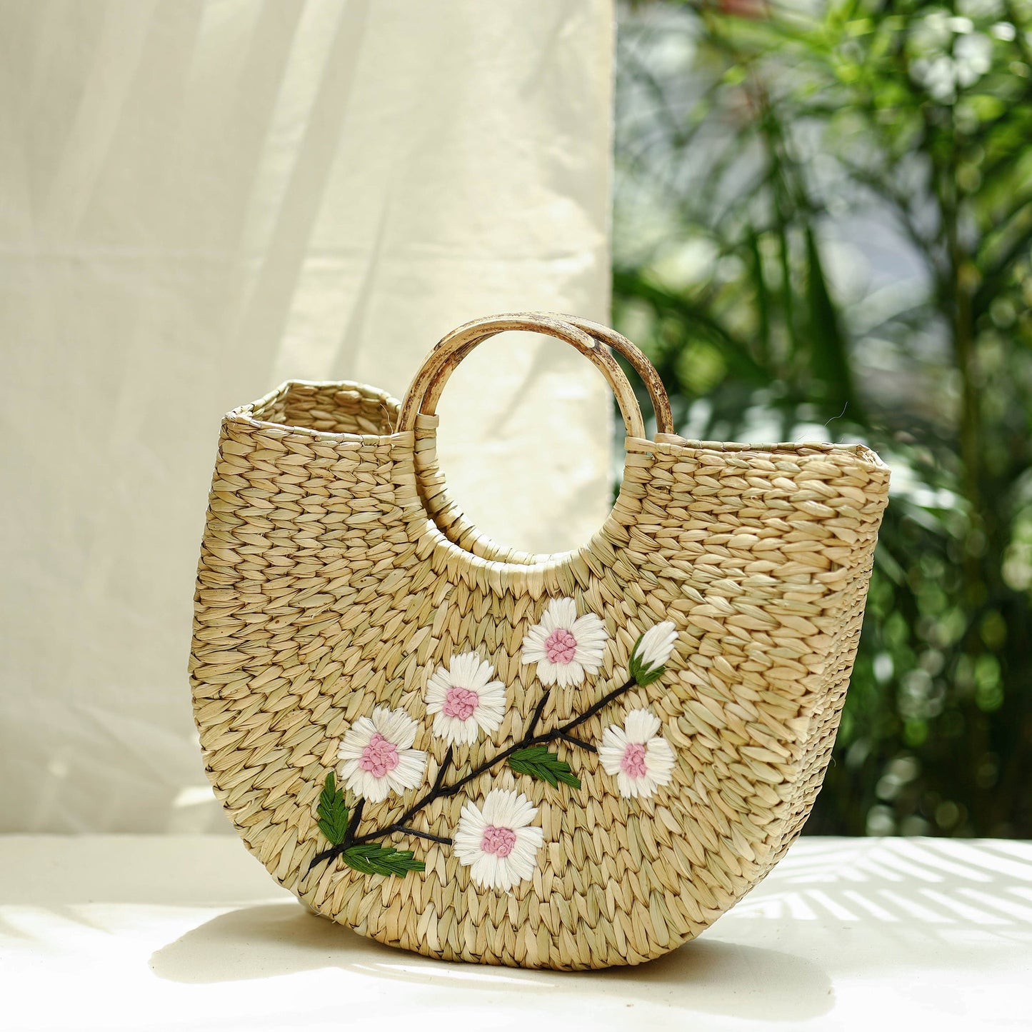 Beige Handcrafted Natural Water Reed Embroidered Hand Bag