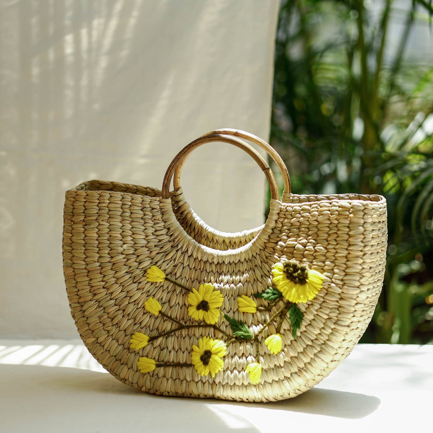 Beige Handcrafted Natural Water Reed Embroidered Hand Bag
