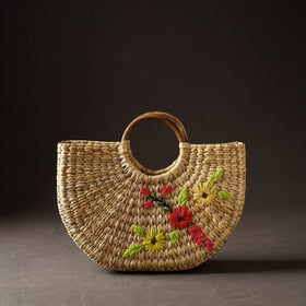 Beige Handcrafted Natural Water Reed Embroidered Hand Bag