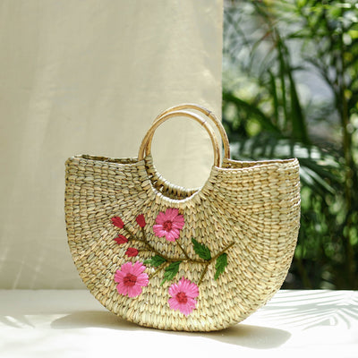 Beige Handcrafted Natural Water Reed Embroidered Hand Bag