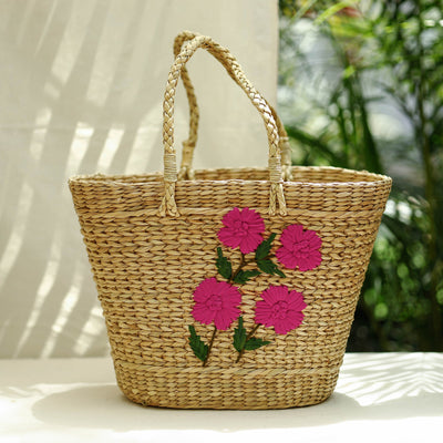 Beige Handcrafted Natural Water Reed Embroidered Shopping Bag