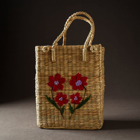 Beige Handcrafted Natural Water Reed Embroidered Shopping Bag