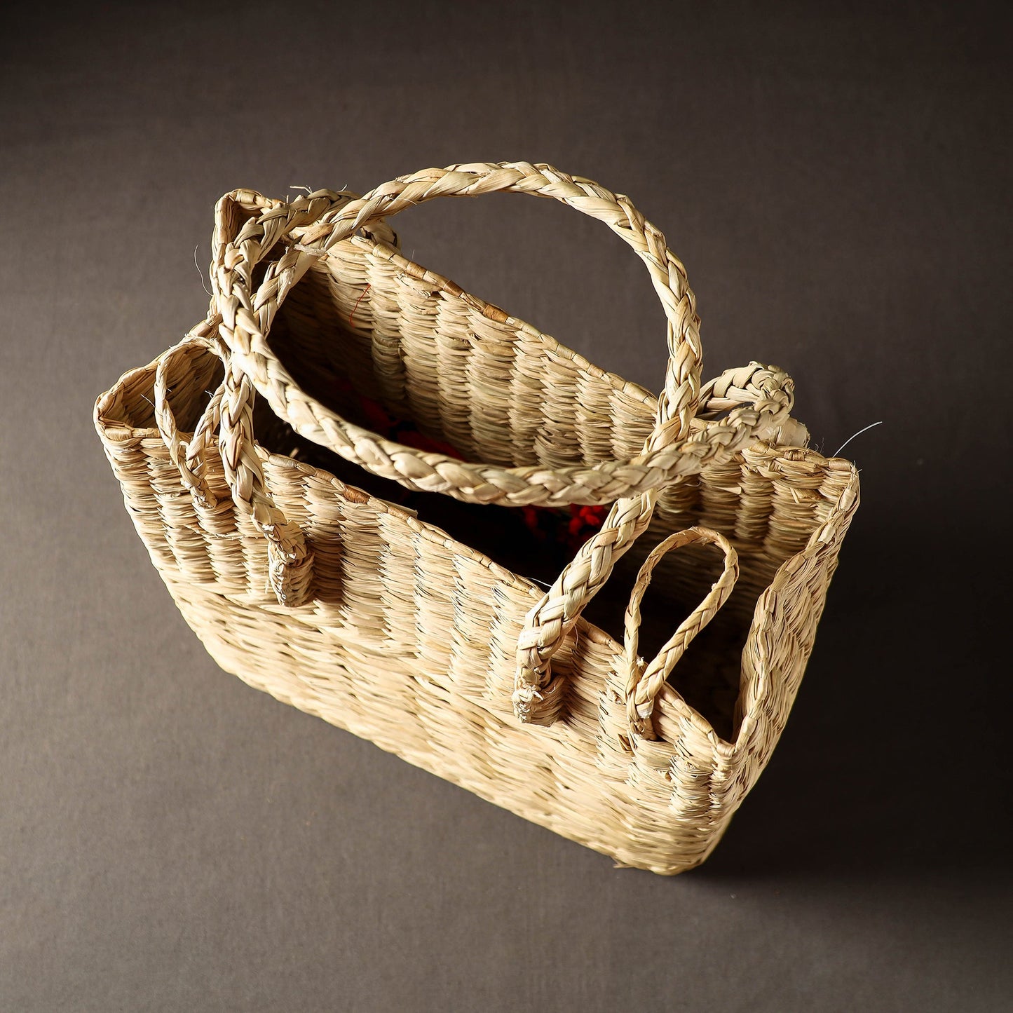 Beige Handcrafted Natural Water Reed Embroidered Shopping Bag