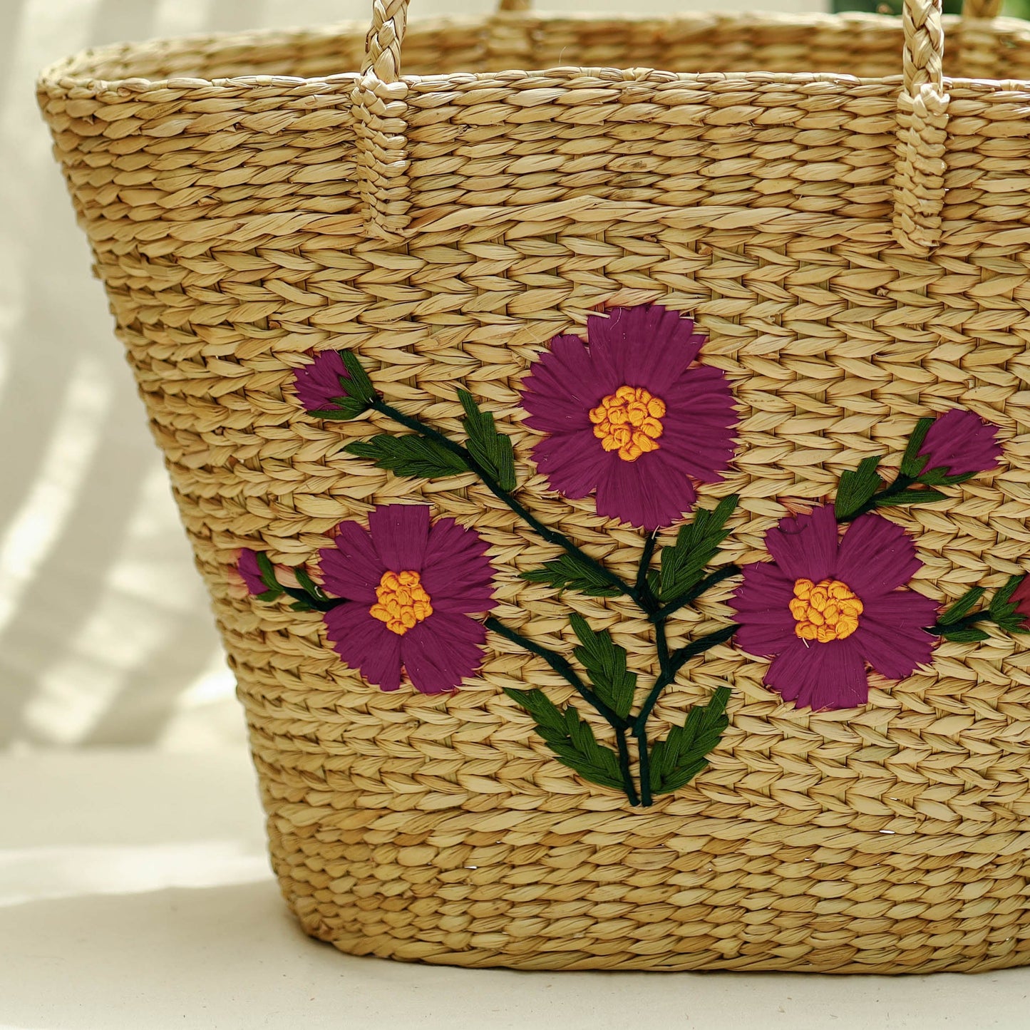 Beige Handcrafted Natural Water Reed Embroidered Shopping Bag