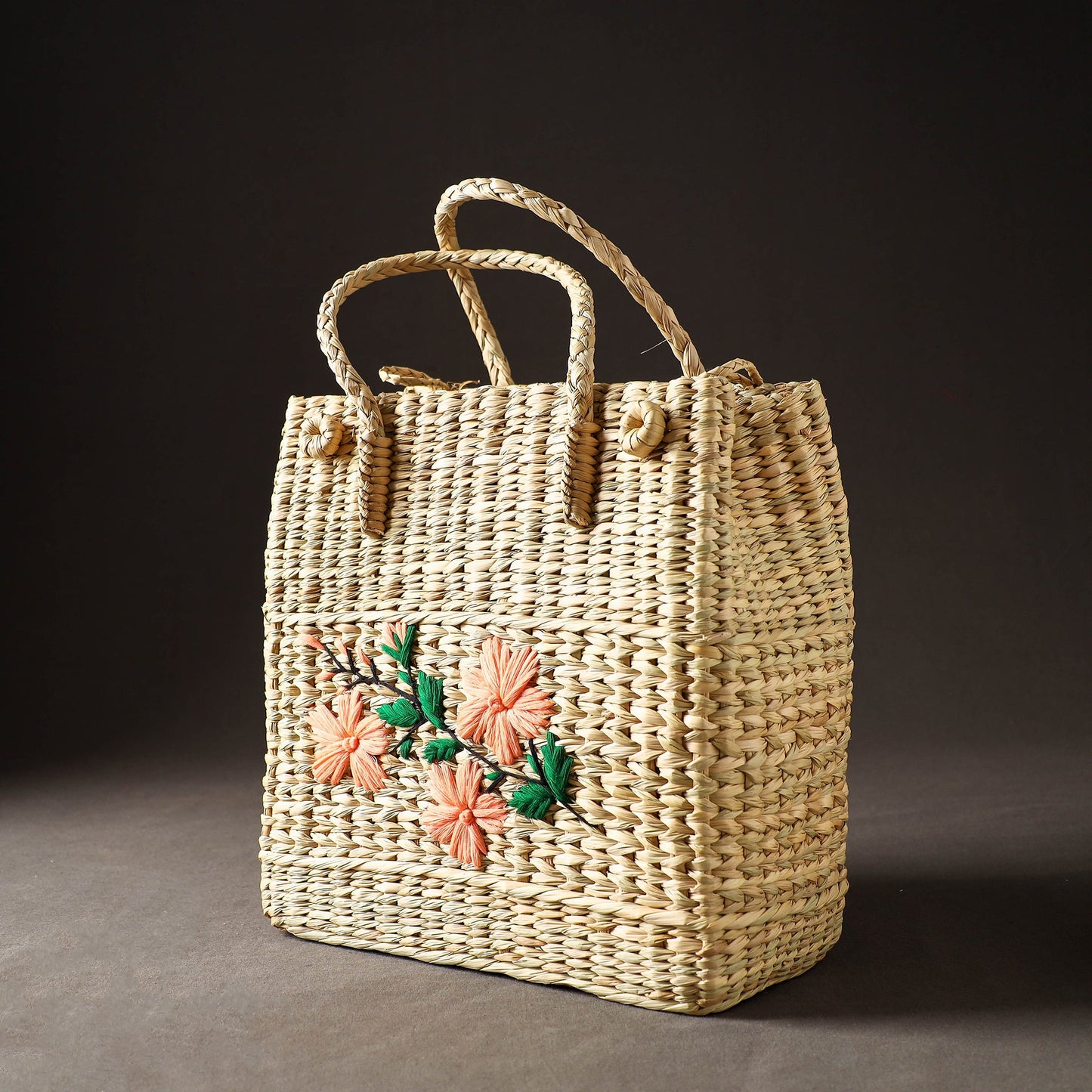 Beige Handcrafted Natural Water Reed Embroidered Shopping Bag