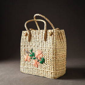 Beige Handcrafted Natural Water Reed Embroidered Shopping Bag