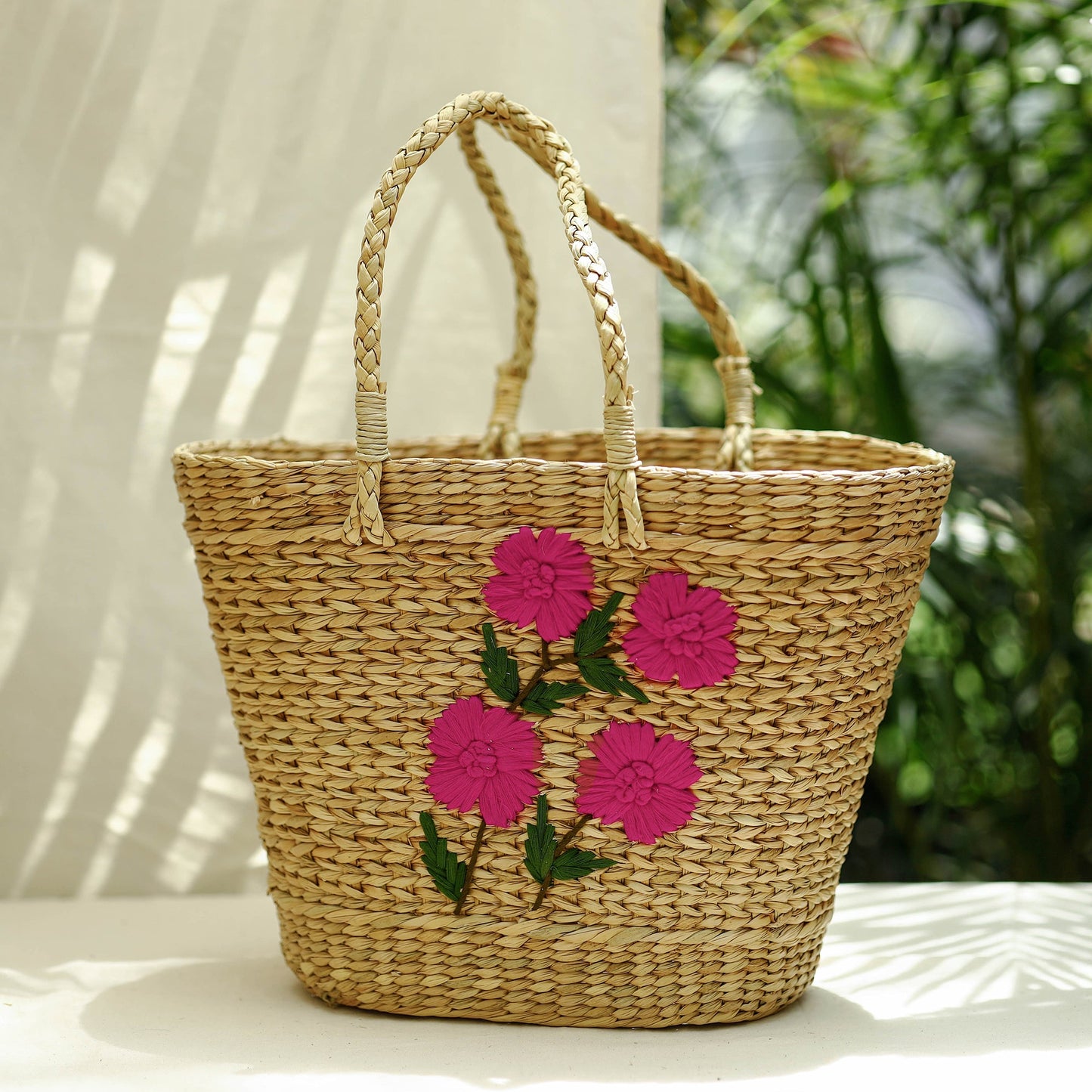 Beige Handcrafted Natural Water Reed Embroidered Shopping Bag