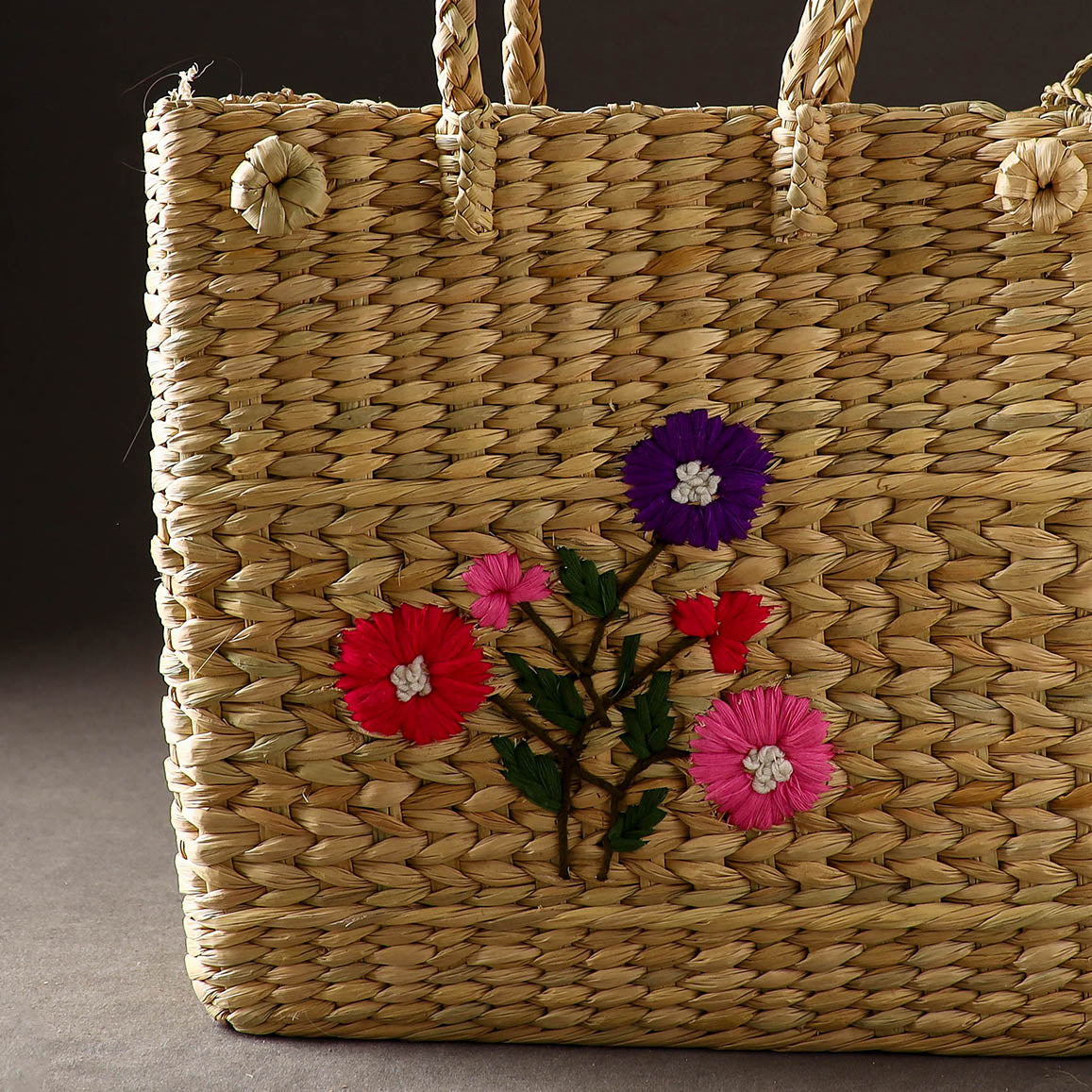 Beige Handcrafted Natural Water Reed Embroidered Shopping Bag