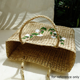 Beige Handcrafted Natural Water Reed Embroidered Shopping Bag
