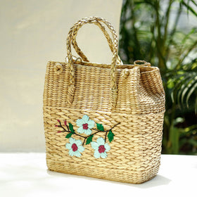 Beige Handcrafted Natural Water Reed Embroidered Shopping