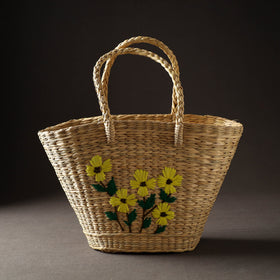 Beige Handcrafted Natural Water Reed Embroidered Shopping Bag