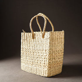 Beige Handcrafted Natural Water Reed Embroidered Shopping Bag