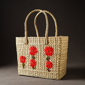 Beige Handcrafted Natural Water Reed Embroidered Shopping Bag