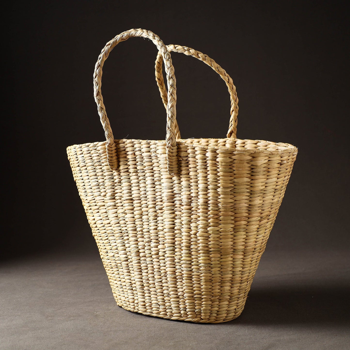 Beige Handcrafted Natural Water Reed Embroidered Shopping Bag
