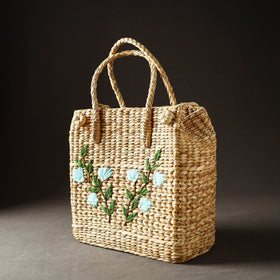 Beige Handcrafted Natural Water Reed Embroidered Shopping Bag