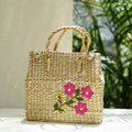 Beige Handcrafted Natural Water Reed Embroidered Shopping Bag