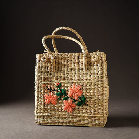 Beige Handcrafted Natural Water Reed Embroidered Shopping Bag