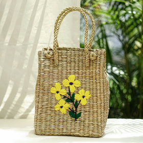 Beige Handcrafted Natural Water Reed Embroidered Shopping Bag