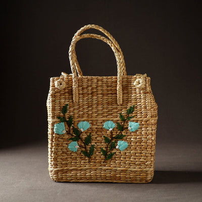 Beige Handcrafted Natural Water Reed Embroidered Shopping Bag