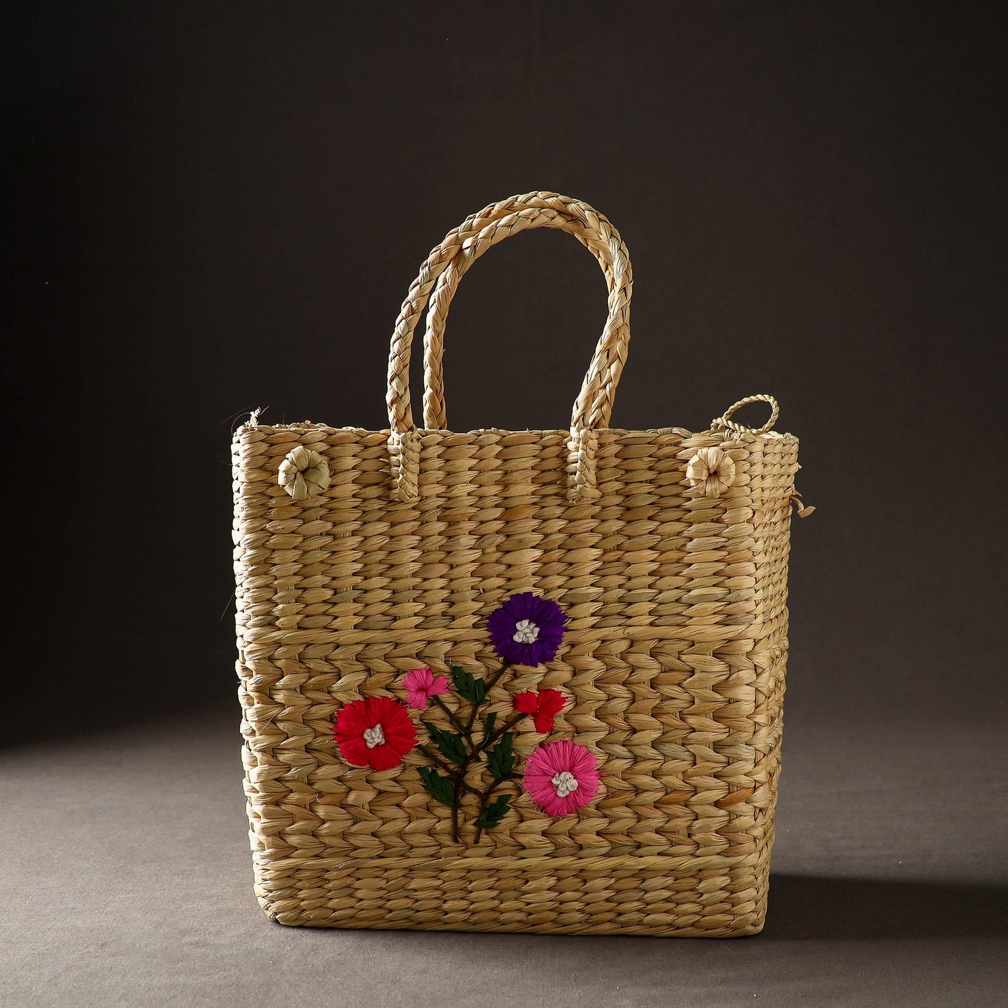 Beige Handcrafted Natural Water Reed Embroidered Shopping Bag