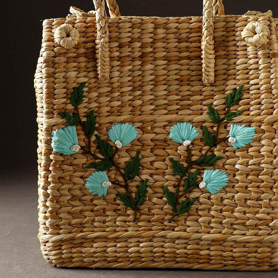 Beige Handcrafted Natural Water Reed Embroidered Shopping Bag