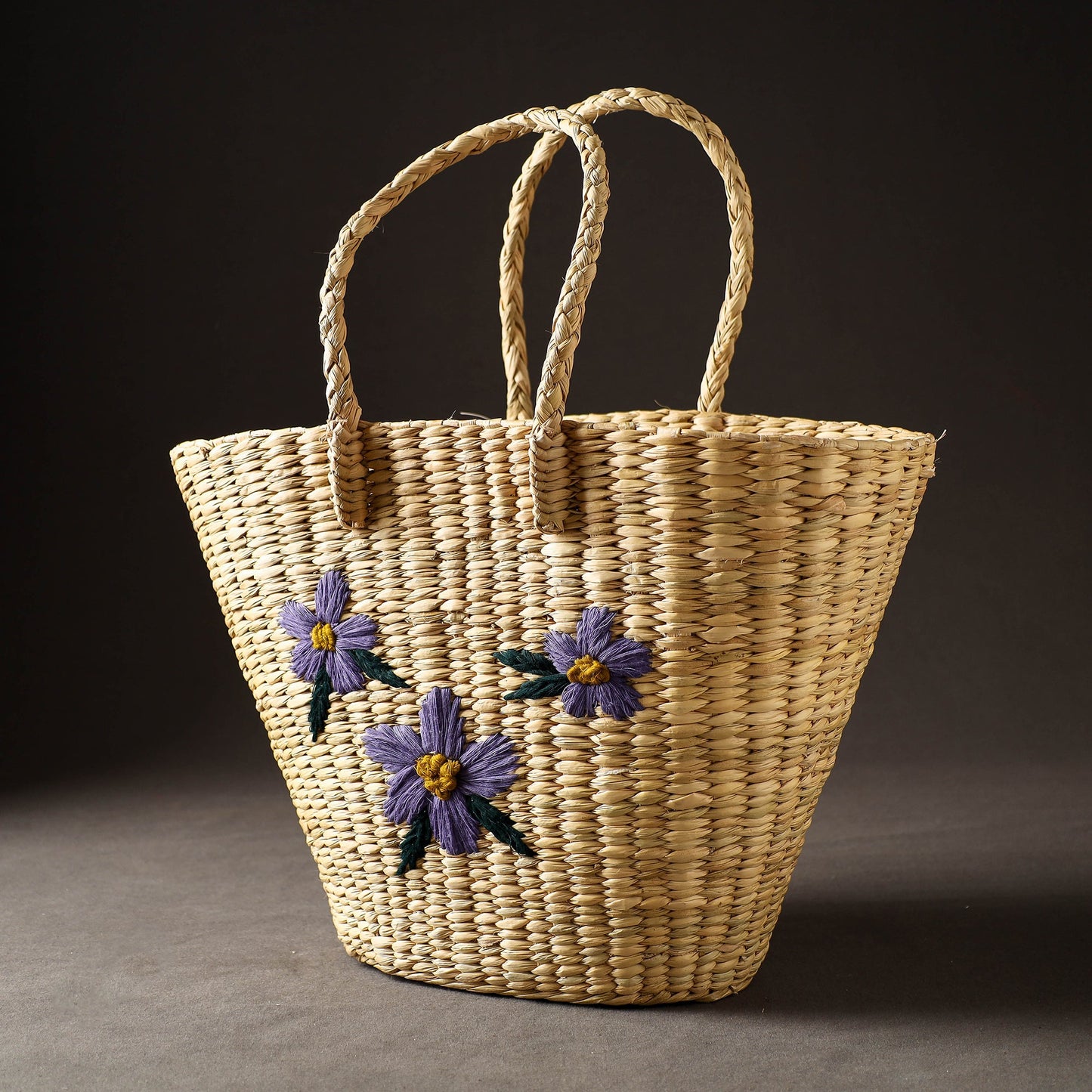 Beige Handcrafted Natural Water Reed Embroidered Shopping Bag