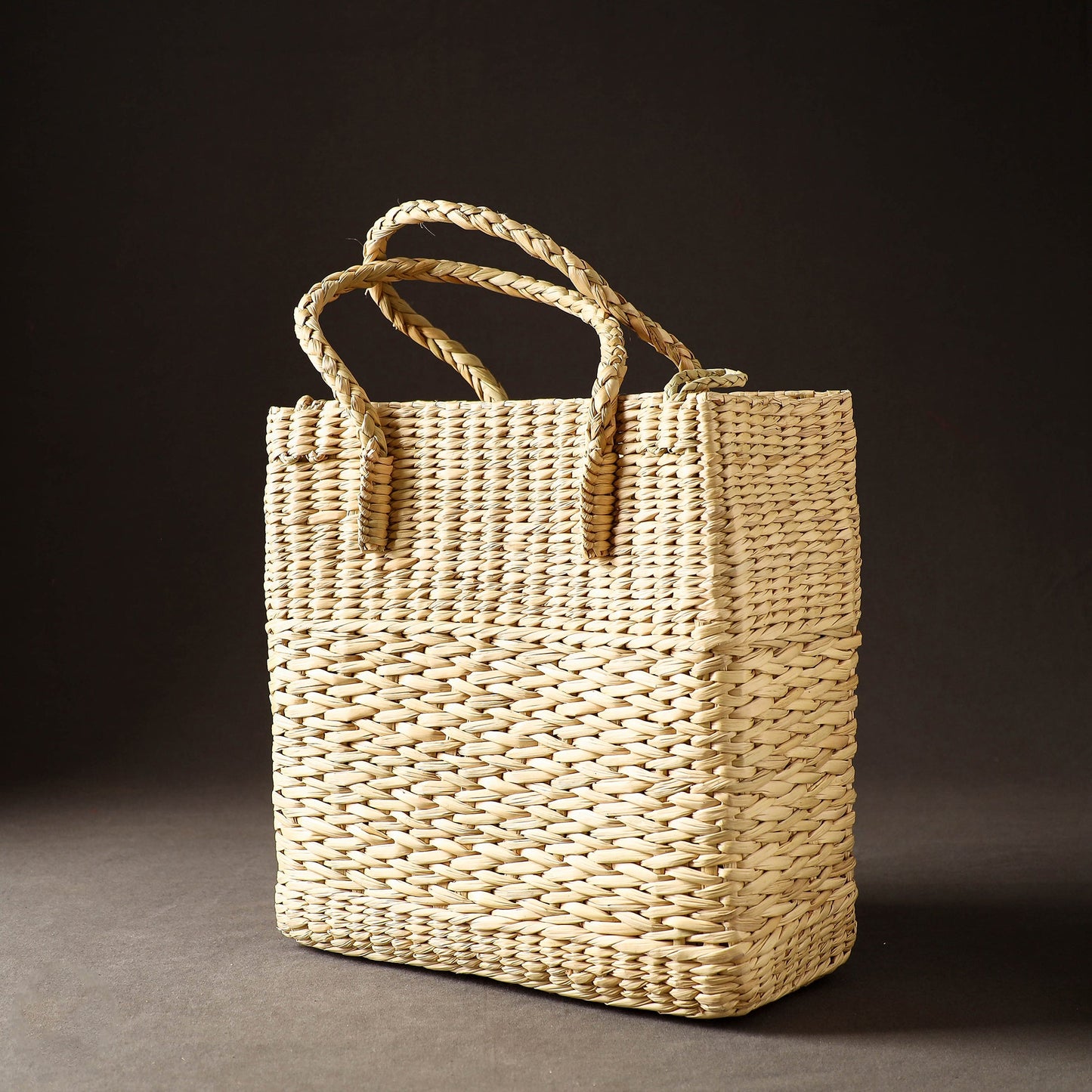 Beige Handcrafted Natural Water Reed Embroidered Shopping Bag