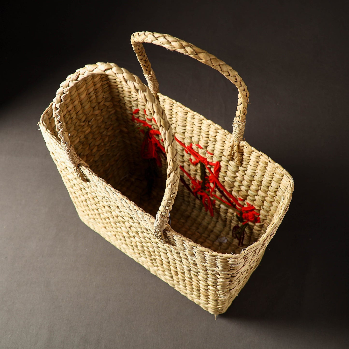 Beige Handcrafted Natural Water Reed Embroidered Shopping Bag