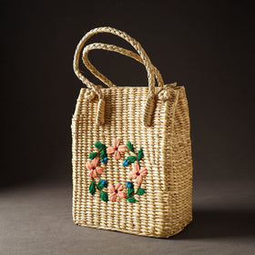 Beige Handcrafted Natural Water Reed Embroidered Shopping Bag