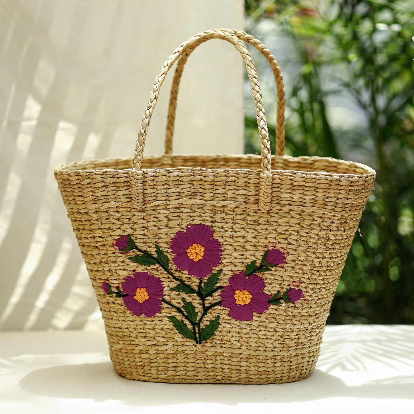 Beige Handcrafted Natural Water Reed Embroidered Shopping Bag