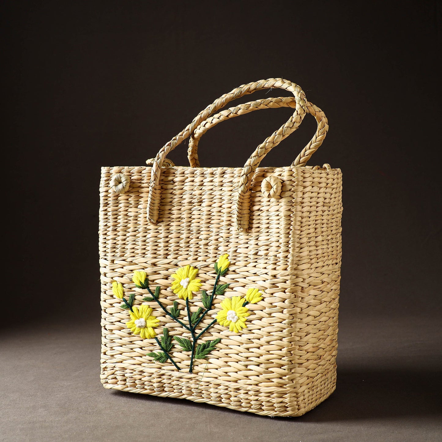 Beige Handcrafted Natural Water Reed Embroidered Shopping Bag