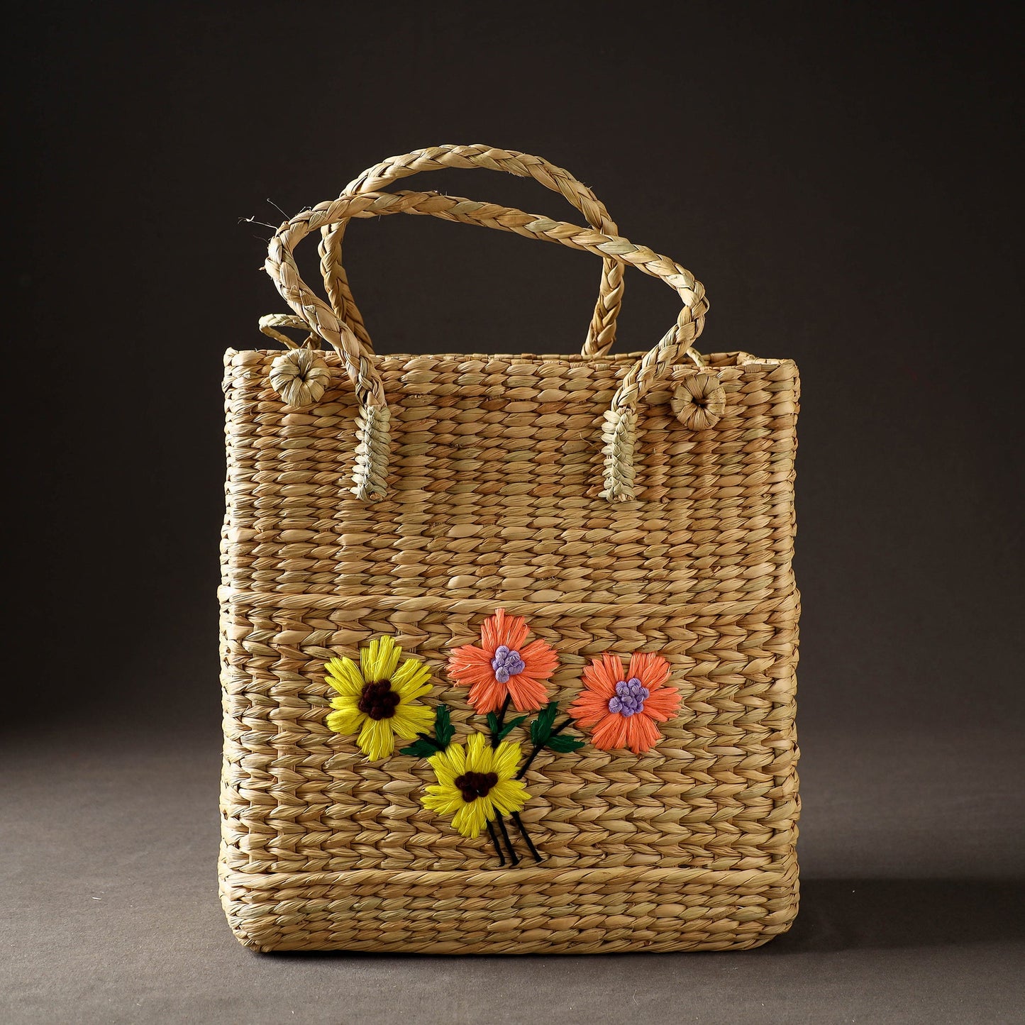 Beige Handcrafted Natural Water Reed Embroidered Shopping Bag