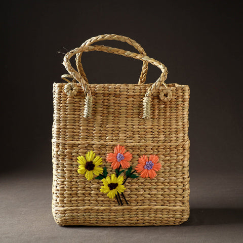 Beige Handcrafted Natural Water Reed Embroidered Shopping Bag