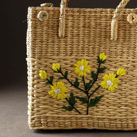 Beige Handcrafted Natural Water Reed Embroidered Shopping Bag