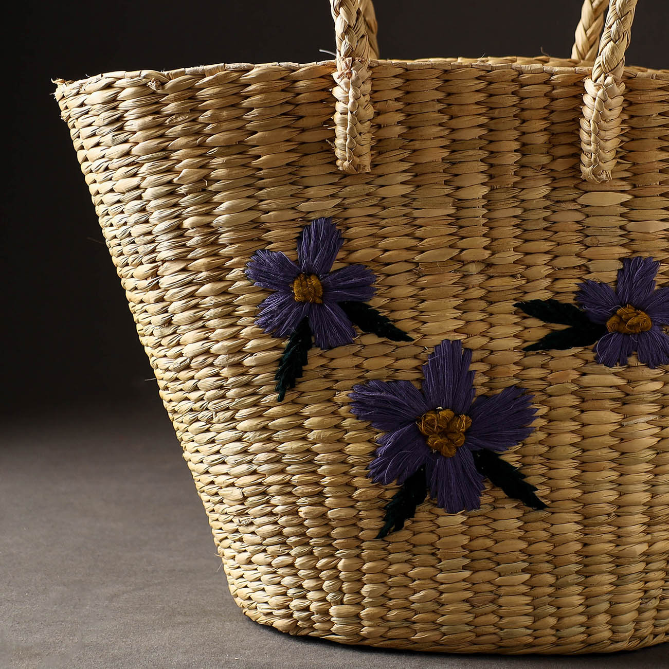 Beige Handcrafted Natural Water Reed Embroidered Shopping Bag